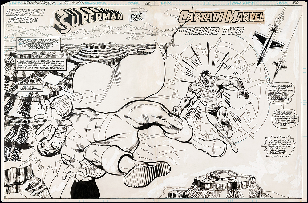 Image: Superman vs Captain Marvel Double page splash art by Rich Buckler